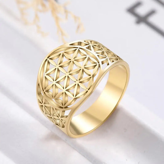 Elegant Flower of Life Rings Vintage Stainless Steel Gold Color Sacred Geometry Ring