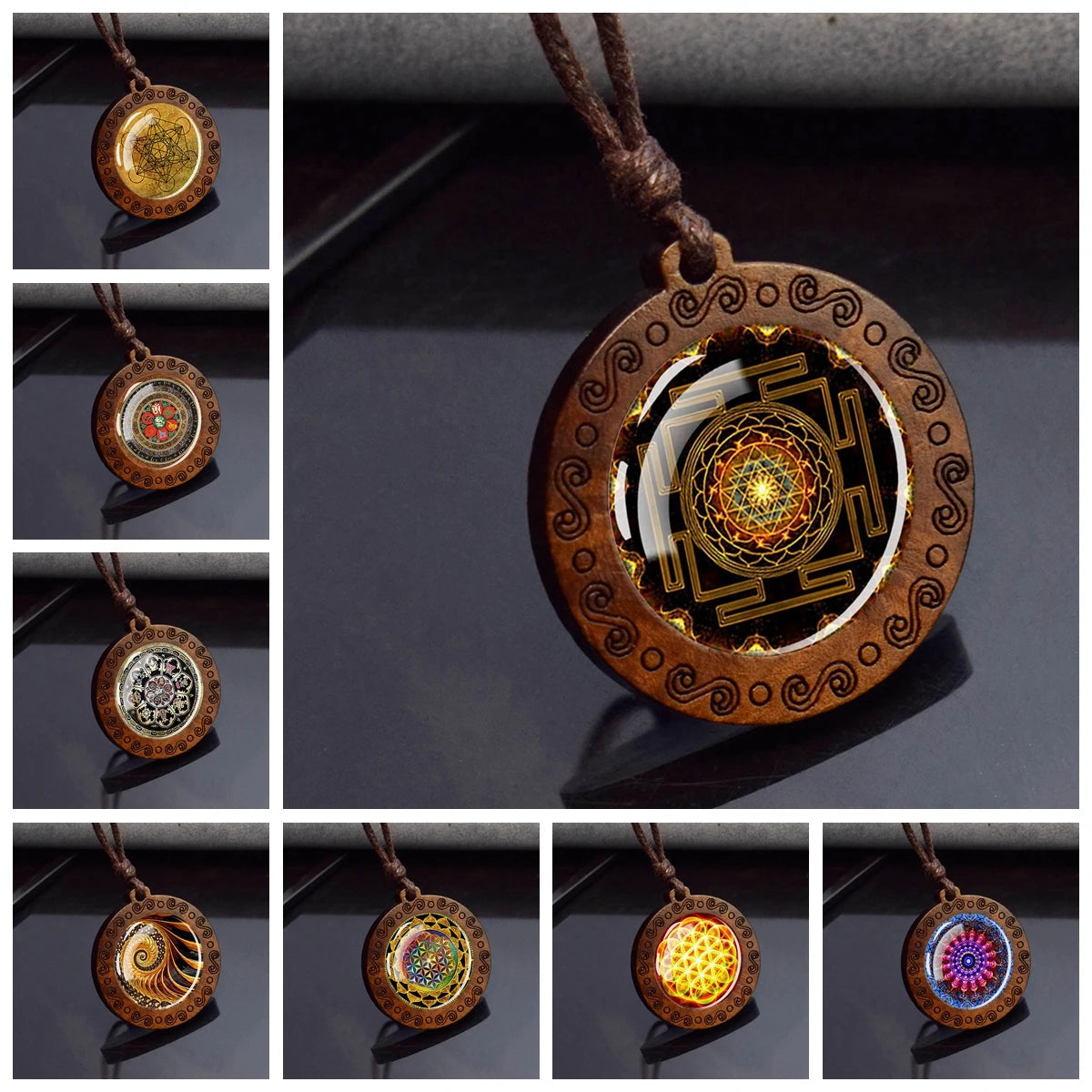 Sri Yantra Mandala Glass Necklace Wood Pendant Sacred Geometry Jewelry