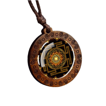 Sri Yantra Mandala Glass Necklace Wood Pendant Sacred Geometry Jewelry