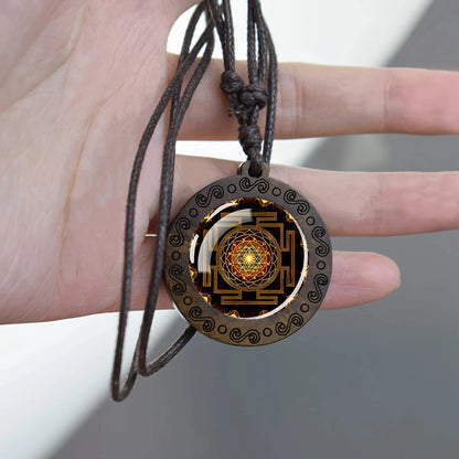 Sri Yantra Mandala Glass Necklace Wood Pendant Sacred Geometry Jewelry