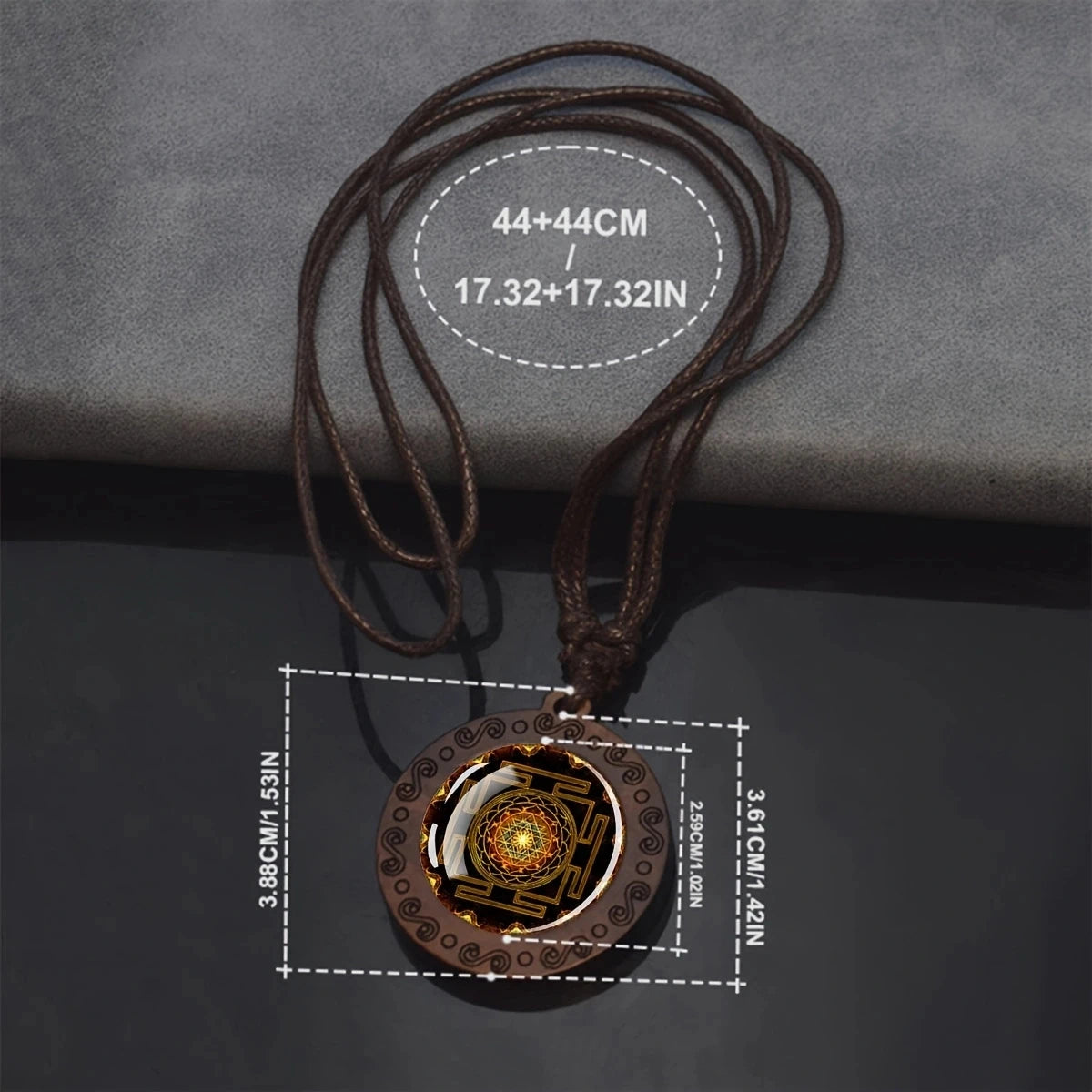 Sri Yantra Mandala Glass Necklace Wood Pendant Sacred Geometry Jewelry