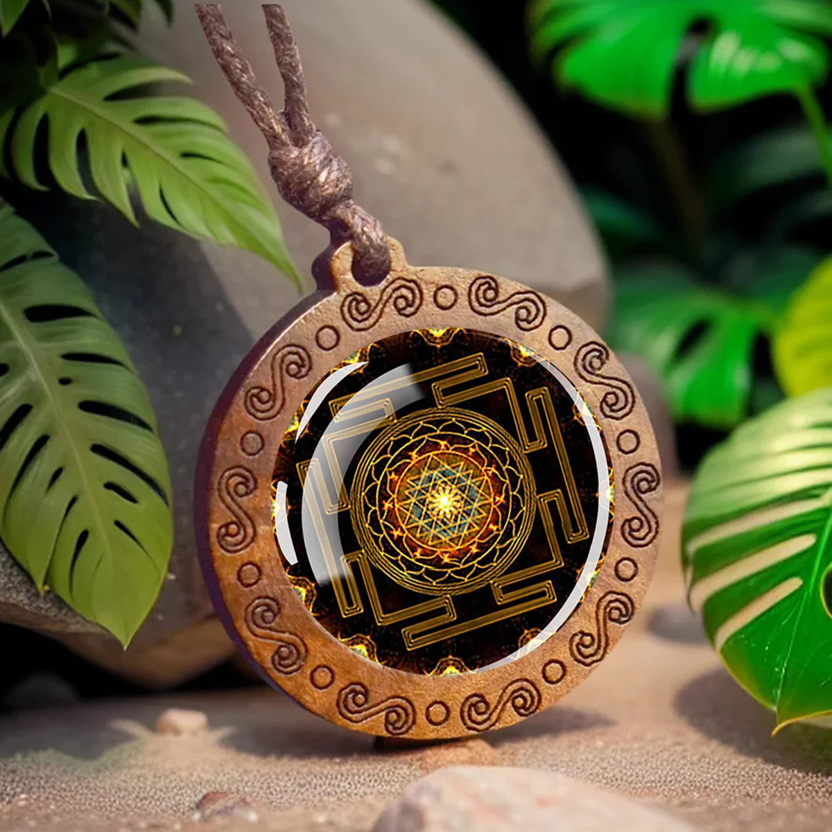 Sri Yantra Mandala Glass Necklace Wood Pendant Sacred Geometry Jewelry